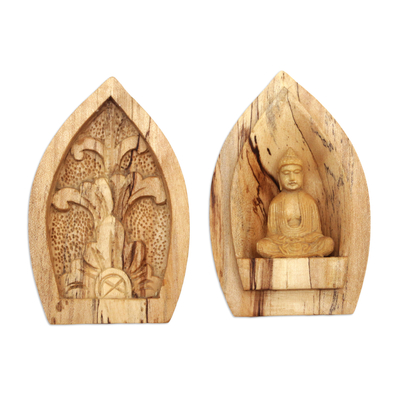 Two-Piece Wood Statuette of Buddha Hand-Carved in Bali