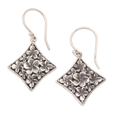 Diamond-Shaped Sterling Silver Floral Dangle Earrings