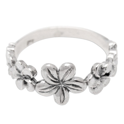Polished Sterling Silver Band Ring with Floral Motifs
