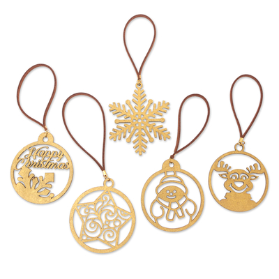 Handmade Christmas Gold-Toned Cardboard Ornaments (Set of 5)