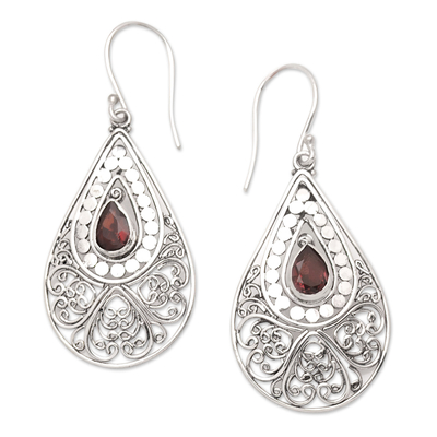 Natural Garnet and Sterling Silver Dangle Earrings from Bali