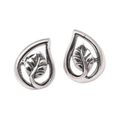 Sterling Silver Button Earrings with Polished Leafy Design