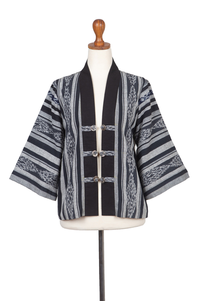 Hand-Woven Ikat Cotton Jacket with Buttons in Grey & Black
