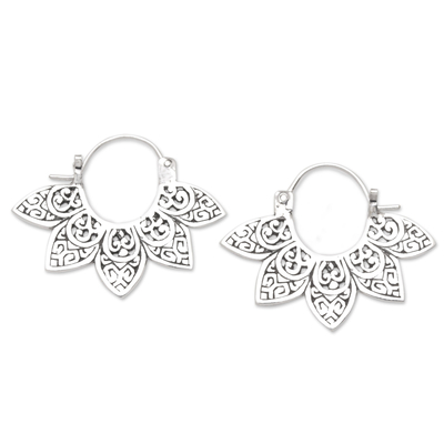 Balinese Sterling Silver Hoop Earrings with Floral Motif