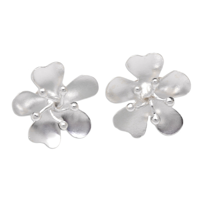 Sterling Silver Floral Button Earrings in a Matte Finish