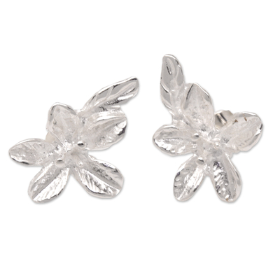 Sterling Silver Floral and Leafy Button Earrings from Bali
