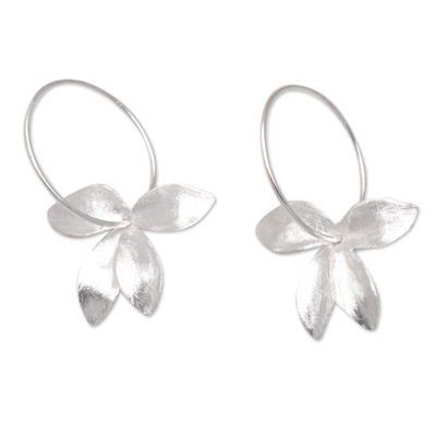 925 Silver Floral Hoop Earrings with A Brushed-Satin Finish