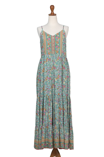 Rayon Batik Maxi Dress with Mint Floral Pattern Made in Bali