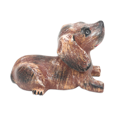 Hand-Carved Brown Suar Wood Sculpture of a Puppy