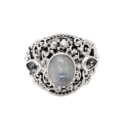 Rainbow Moonstone Blue Topaz and 925 Silver Cocktail Ring