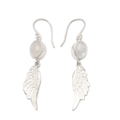Sterling Silver Wing Dangle Earrings with Rainbow Moonstones