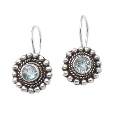 Sterling Silver Floral Drop Earrings with Blue Topaz Stone
