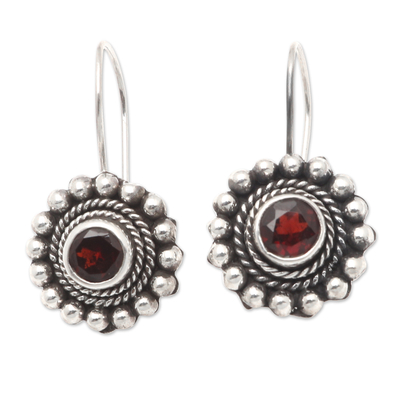 Sterling Silver Floral Drop Earrings with Garnet Stone