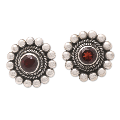 Sterling Silver and Garnet Floral Drop Earrings from Bali