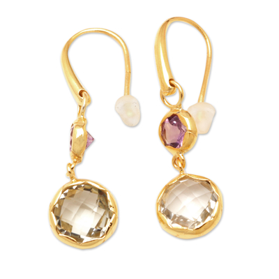 18k Gold-Plated Dangle Earrings with Amethyst and Prasiolite