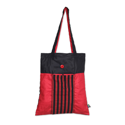 Red and Black Foldable Cotton Tote Bag with Lurik Pattern