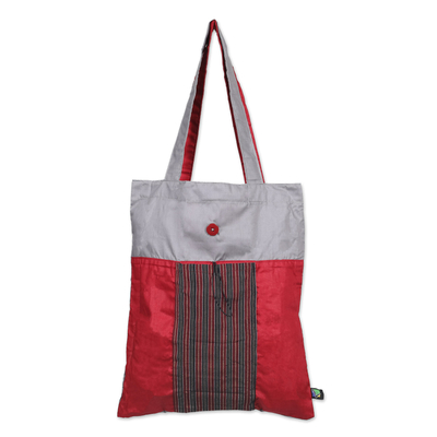 Red Foldable Cotton Tote Bag with Javanese Lurik Pattern