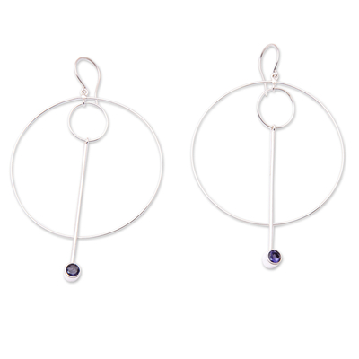 Modern Sterling Silver Circle Dangle Earrings with Iolite
