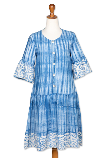 Cerulean and Alabaster Cotton Batik Tunic Dress from Java
