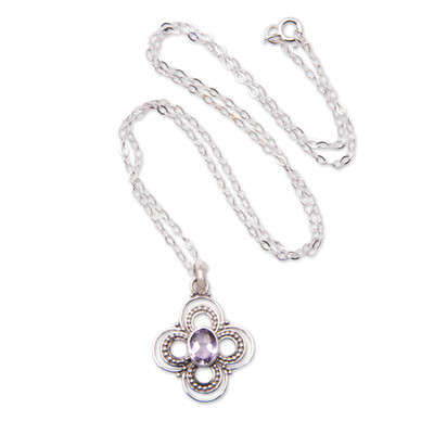 Floral Sterling Silver Pendant Necklace with Amethyst Stone