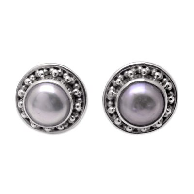 Sterling Silver Stud Earrings with Grey Cultured Pearls