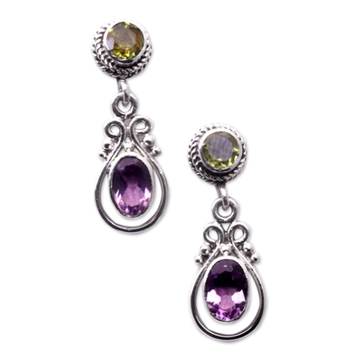 Faceted Amethyst and Peridot Dangle Earrings from Bali