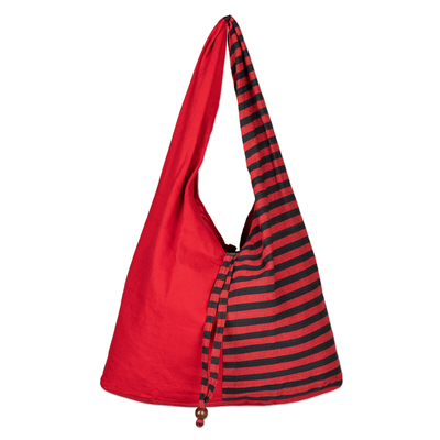 Handcrafted Red Striped Cotton Shoulder Bag from Java