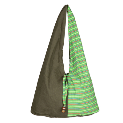 Handcrafted Green Striped Cotton Shoulder Bag from Java