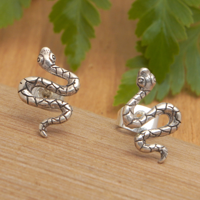 Polished Snake-Shaped Sterling Silver Button Earrings
