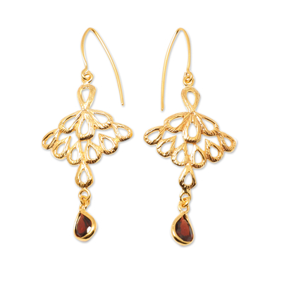 Peacock-Themed Gold-Plated Dangle Earrings with Garnet Gems
