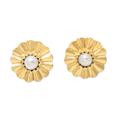 22k Gold-Plated Floral Button Earrings with Grey Pearls
