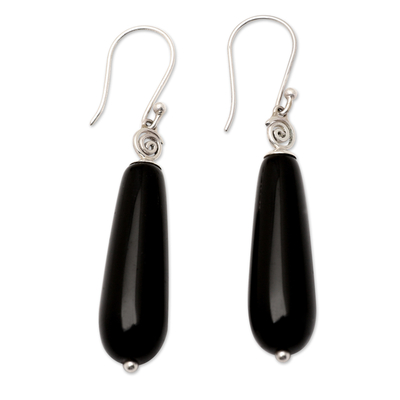 Sterling Silver Dangle Earrings with Onyx Stone from Bali