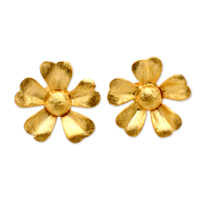 Handcrafted Floral 18k Gold-Plated Button Earrings from Bali