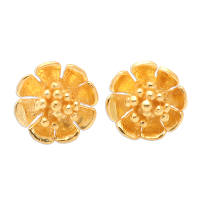 Floral 18k Gold-Plated Button Earrings Crafted in Bali