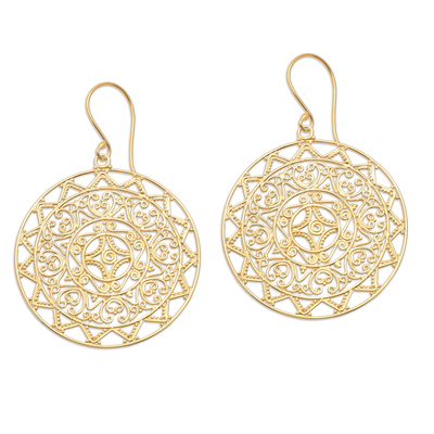 Geometric 18k Gold-Plated Filigree Dangle Earrings from Bali