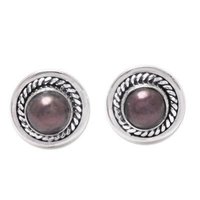 Sterling Silver Stud Earrings with Brown Cultured Pearls