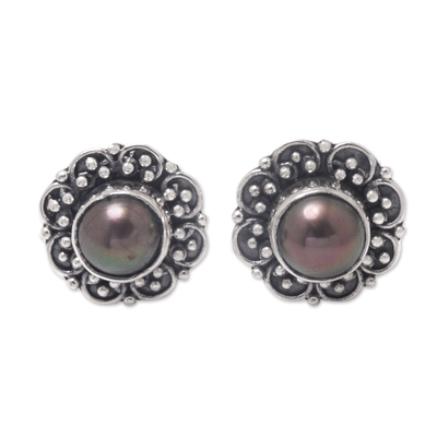 Sterling Silver Floral Stud Earrings with Cultured Pearls