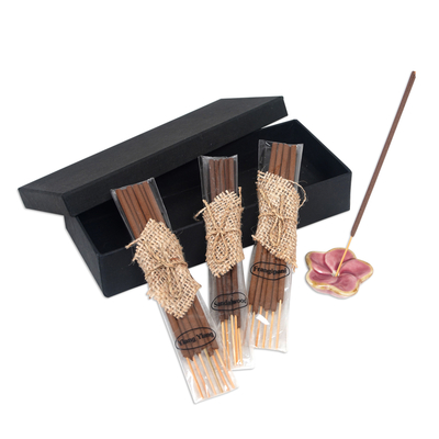 Incense Set with 18 Sticks and a Pink Floral Ceramic Holder