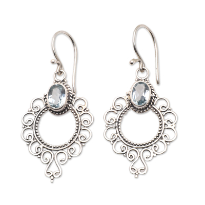 Swirling Sterling Silver Dangle Earrings with Blue Topaz