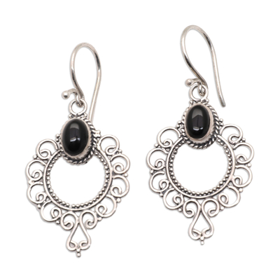 Swirling Sterling Silver Dangle Earrings with Onyx Cabochons