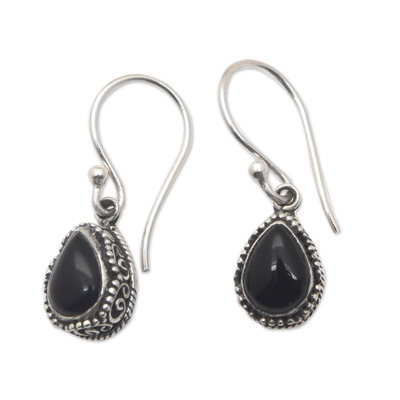 Sterling Silver Dangle Earrings with Drop Onyx Jewels
