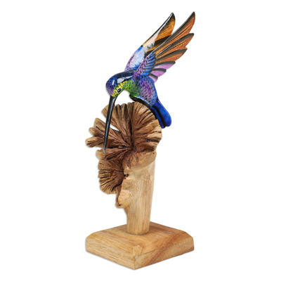 Mushroom-Shaped Wood Sculpture with Colorful Hummingbird