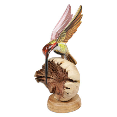 Hummingbird Wood Sculpture with Mushroom-Shaped Base
