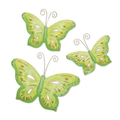 Set of 3 Green Iron and Plastic Beaded Wall Art Butterflies