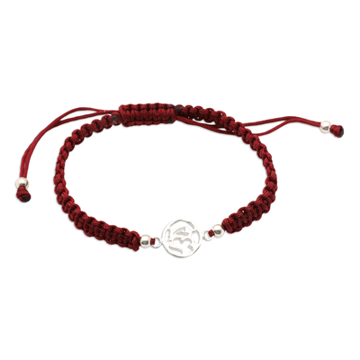 Red Macrame Bracelet with Round Sterling Silver Pendant