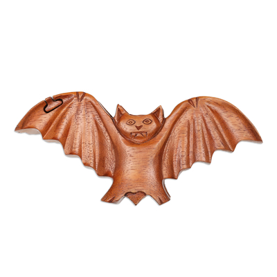Bat-Themed Suar Wood Puzzle Box Hand-Carved in Bali