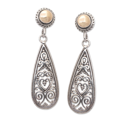 18k Gold-Accented Filigree Dangle Earrings with Heart Motifs
