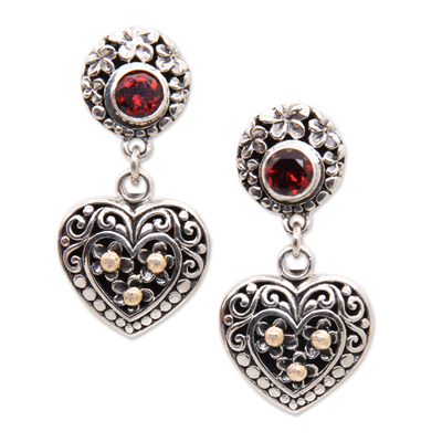 925 Silver Heart Dangle Earrings with Garnet & Gold Accents