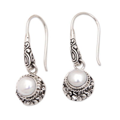 Frangipani Sterling Silver Dangle Earrings with Grey Pearls
