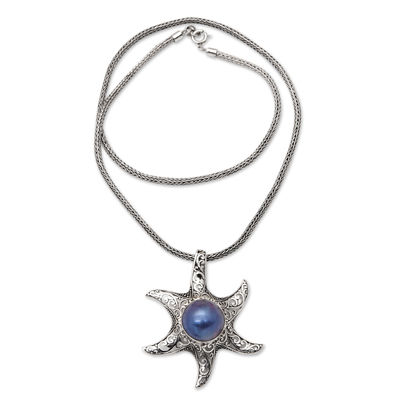 Silver Starfish Pendant Necklace with Cultured Mabe Pearl